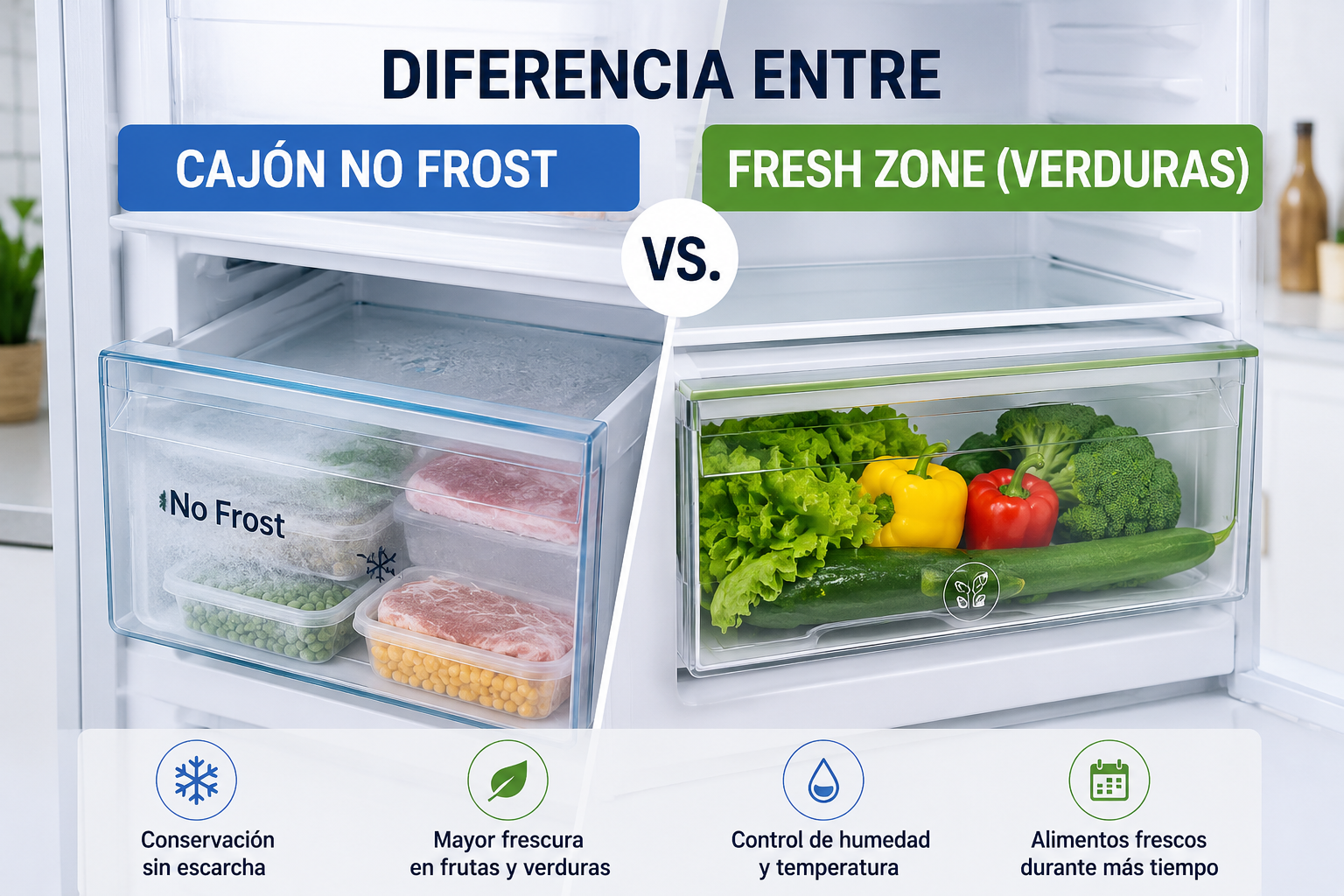 Tipos de cajones de frigorífico: verduras, Fresh Zone y congelador