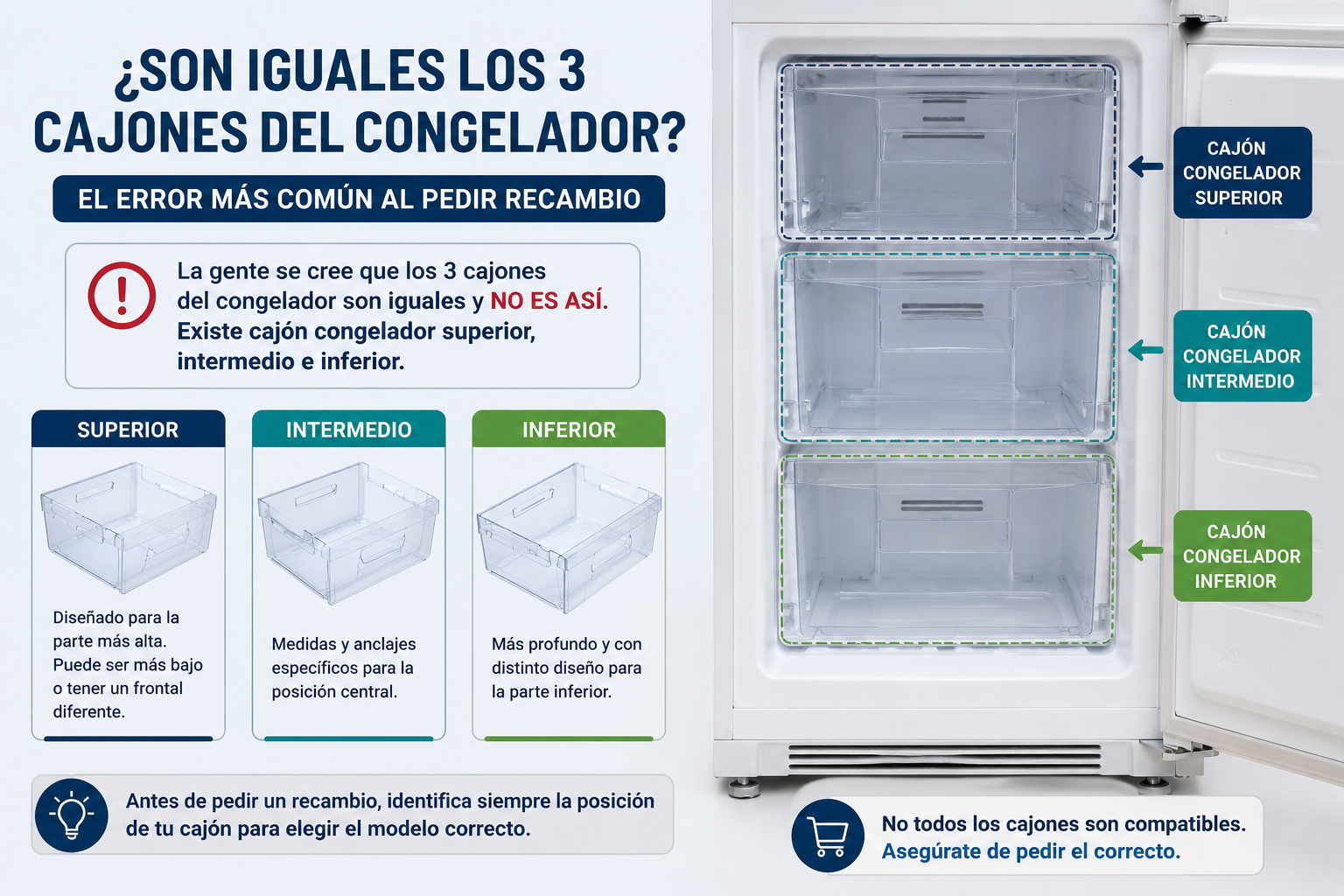 Cajón del congelador superior, intermedio e inferior: diferencias y cómo elegir el correcto