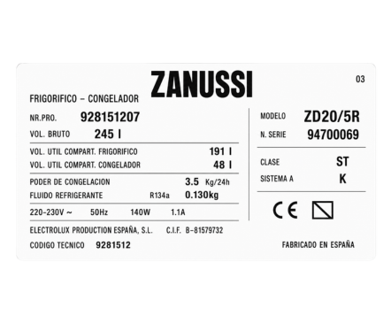 Etiqueta de modelo Zanussi